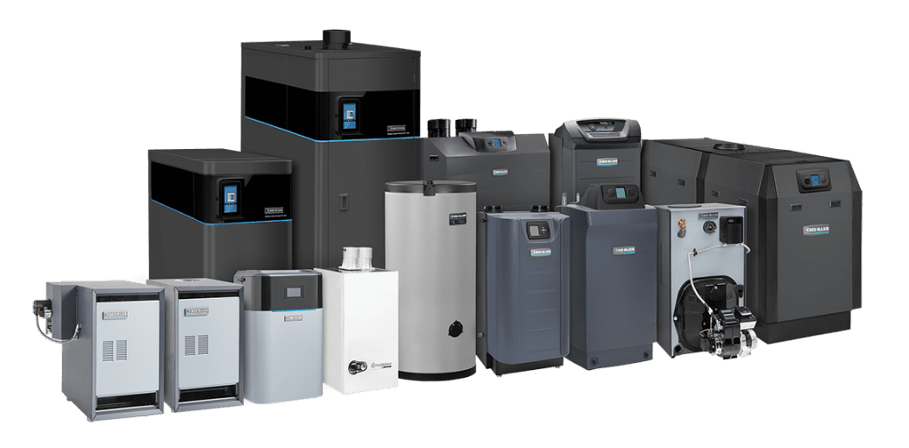 Shot of Weil-McLain's full line of boilers and tanks.